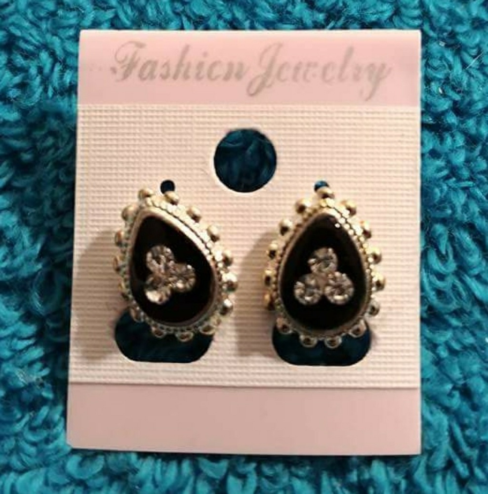 Black Onyx and Rhinestone Earrings Gold Plated